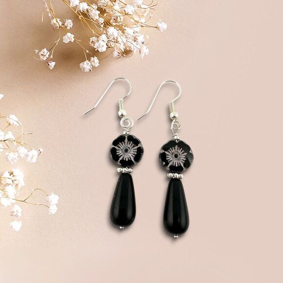 Black Hibiscus Flower and Teardrop Earrings - Picture 5 of 7